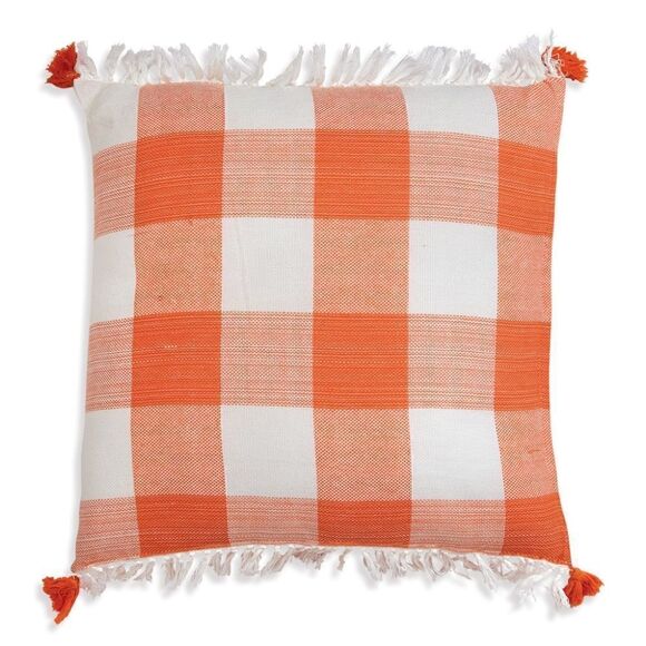 NEW! Orange Cotton Gingham Buffalo Plaid Throw Pillow Tassels Farmhouse Country - Picture 1 of 1